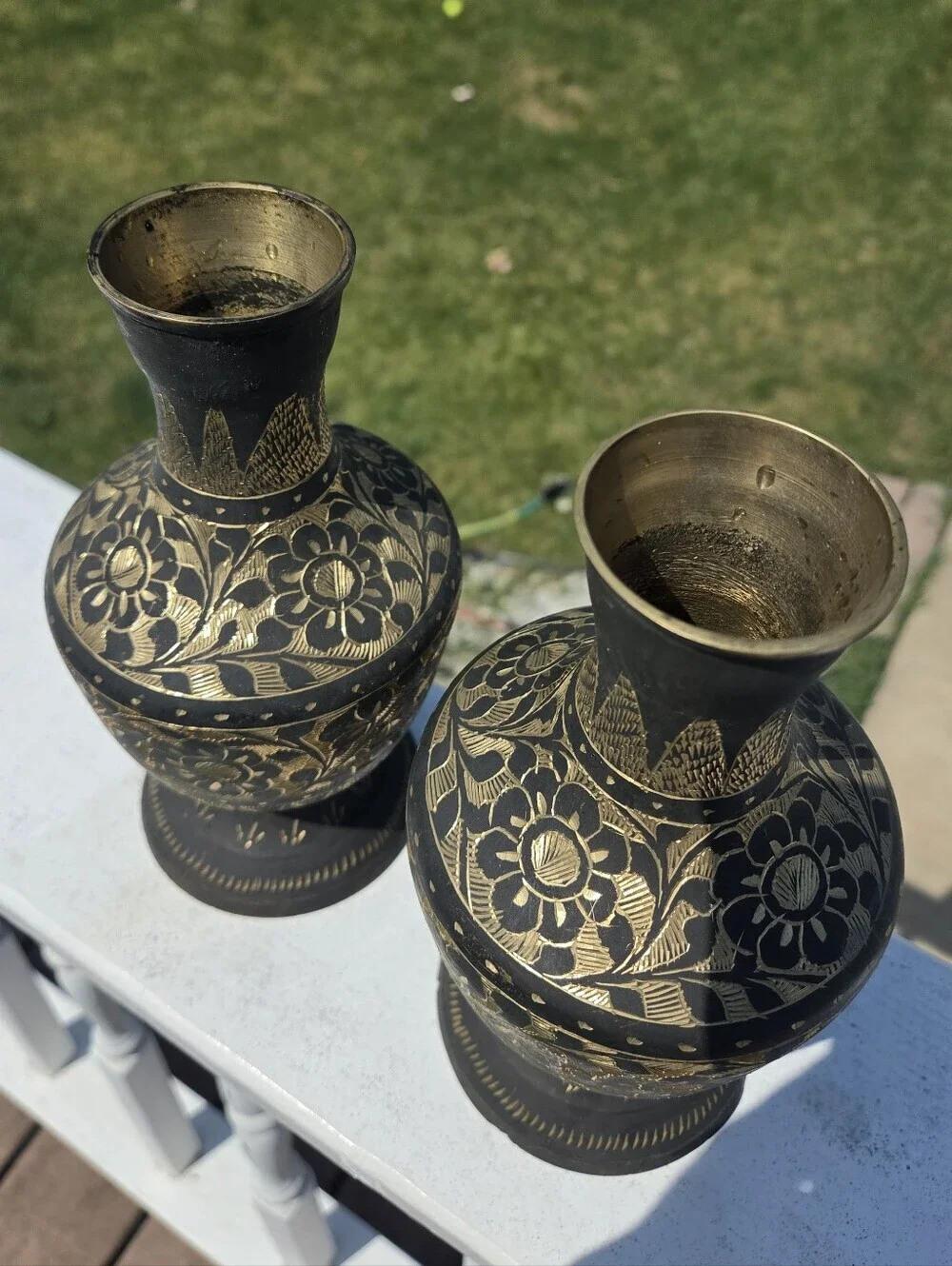 Vintage MCM Indian Brass Etched Floral Vases, Black & Gold Enamel Set of 2